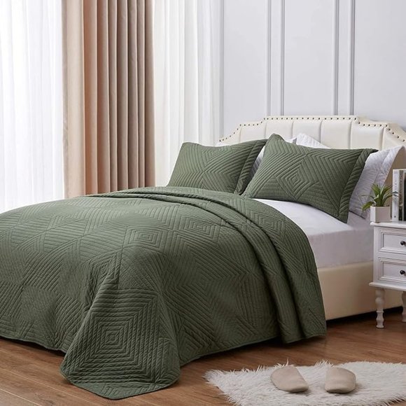 SunStyle Home Quilt Set 3 Pieces Queen Quilt Set Olive Green Soft Microfiber - Picture 1 of 11